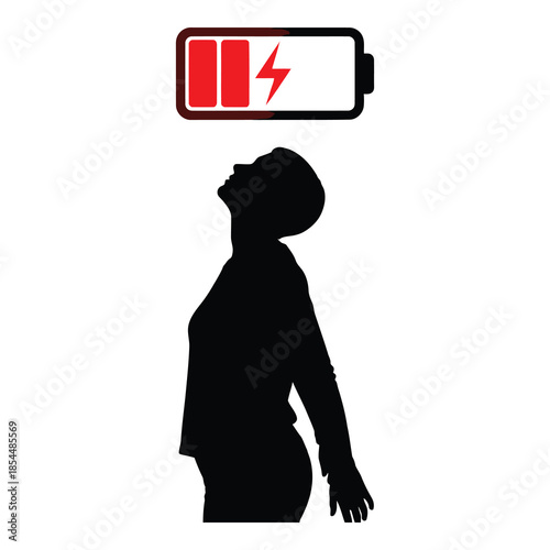 Silhouette of a tired woman looking up desperately at a nearly depleted battery charging indicator on white background