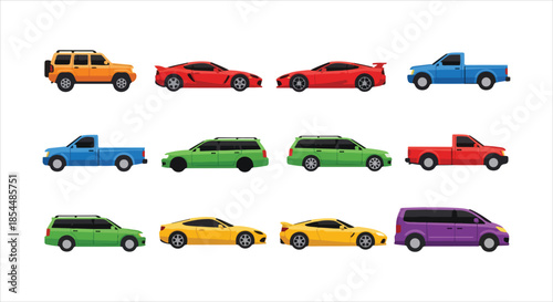 Collection of Various Colored Vehicles Displayed Horizontally on a Plain White Background
