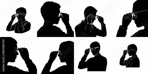Eight vector silhouettes depicting people adjusting or putting on eyeglasses, illustrating vision correction, identity, and focus in black and white graphic style.