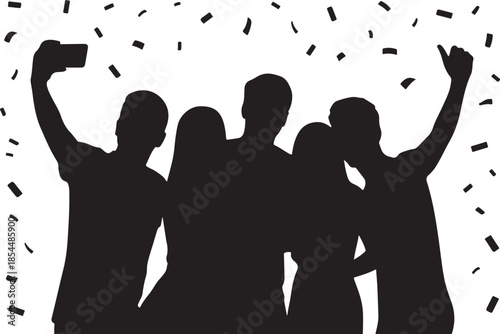 Group of people taking a selfie with confetti smartphone