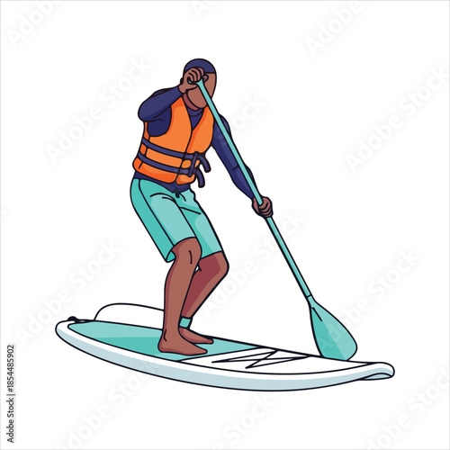 A man standing on a paddleboard holding a paddle in a calm sea from a side view
