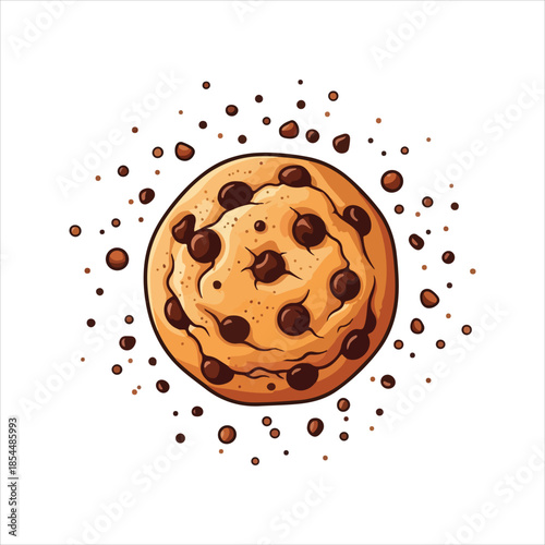 A freshly baked chocolate chip cookie surrounded by chocolate chips on a white background