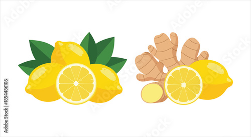 Fresh lemons and ginger roots displayed together on a white background, highlighting their vibrant colors and textures from a straightforward viewpoint.