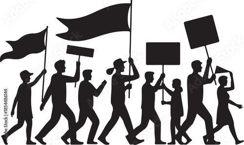 Silhouette crowd marching with flags and signs protest