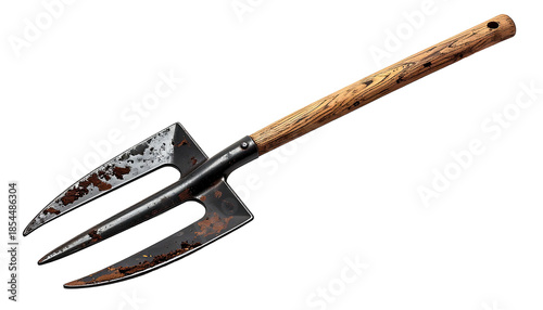 Rustic garden fork with rusty steel tines and wooden handle