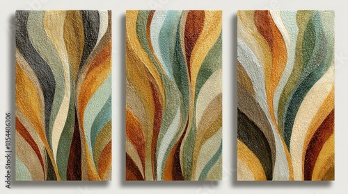 Set of 3 minimalist wall art panels featuring twisting olive branches abstract painting on muted olive background, close-up view, split triptych composition on clean white backdrop.