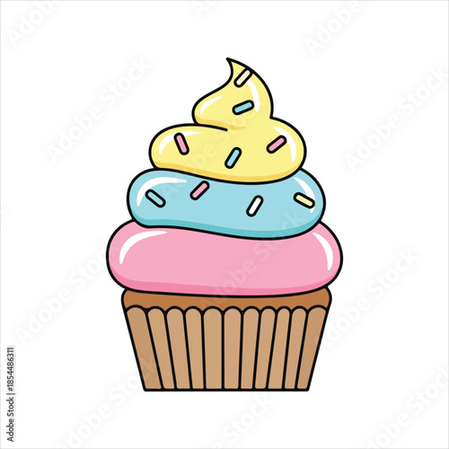 A colorful illustration of a cupcake with layered frosting and sprinkles viewed from the front.