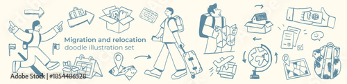 Relocation and  migration doodle illustration set showing moving abroad, travel journey, documents, luggage, maps and new life transition.