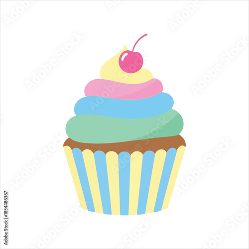 A colorful illustration of a cupcake with layered frosting and a cherry on top