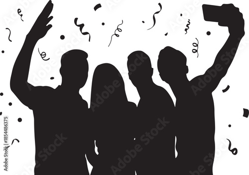 Silhouette group taking selfie with confetti people