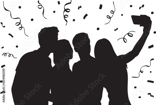 Silhouette group taking selfie with confetti and streamers