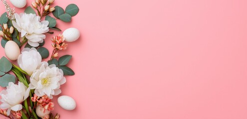 Easter eggs, white peonies, and eucalyptus branches creating a spring border on a pink background with copy space