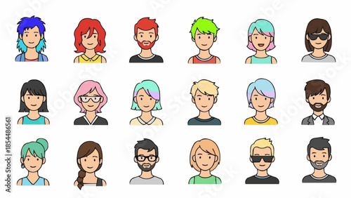 Diverse Group of Cartoon People Avatars with Various Hairstyles and Expressions.