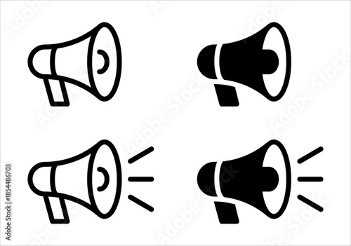 Megaphone voice speaker announcement icons set in outline and solid style