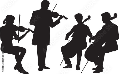 Silhouette string quartet playing music musicians orchestra