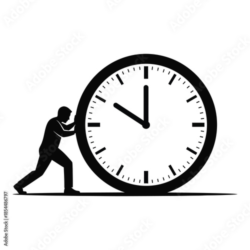 Silhouette of a determined businessman struggling to push a giant analog clock forward against the flow of time on white background