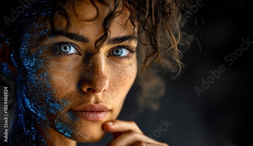 Mystical Portrait of a Woman with Shimmering Blue Ethereal Textures