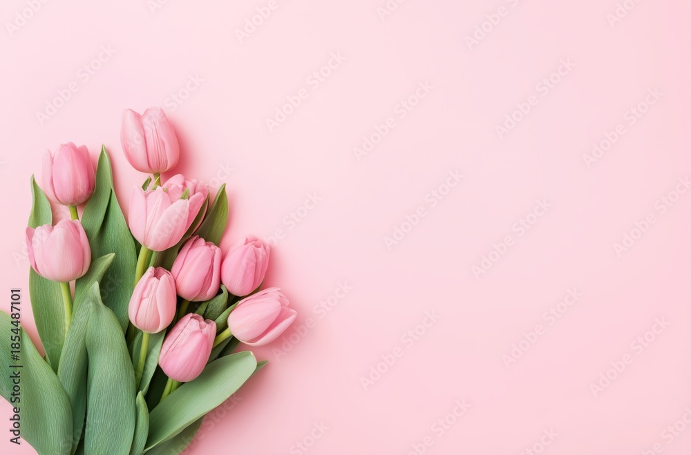 Fototapeta premium Pink tulips bouquet creating a corner border on a pastel pink background, offering ample copy space for design