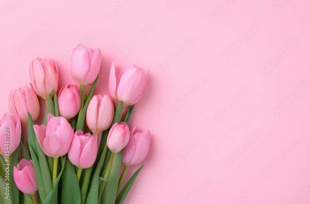Fototapeta premium Pink tulips in a fresh spring bouquet, creating a gentle floral background with blank space for text