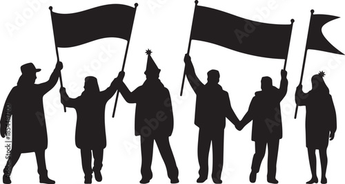 Silhouettes of people holding flags and wearing winter clothing