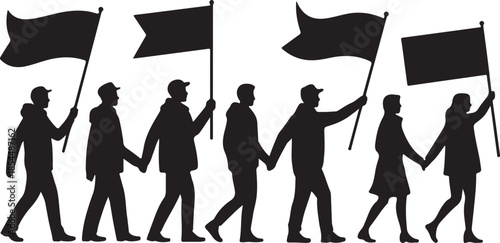 Silhouettes of people holding hands and flags marching