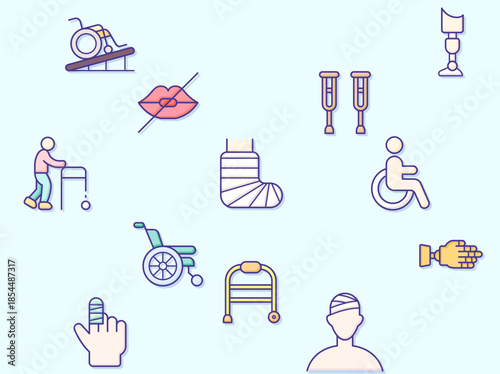 Simple Set of Disability People Related Vector Line Icons. Vector collection of Disabled health care, medical tools, equipment stick figure, crutches, wheelchair, cane, electric wheelchair