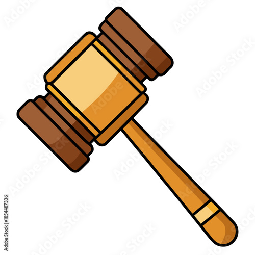 a wooden judge's gavel with a blocky hammer head and cylindrical handle, rendered in shades of yellow-orange and brown.