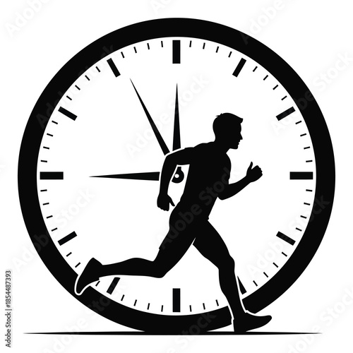 Silhouette of an athletic man running quickly across the face of a large clock emphasizing speed and time management on white background