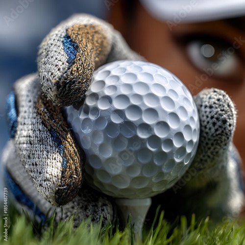 Close-up of a golfer placing a ball on the tee with focus and precision