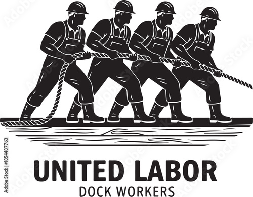 United Labor Dock Workers Pulling Rope Illustration, depicting teamwork, strength, and solidarity in maritime or industrial labor.