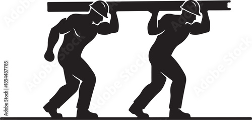 Two construction workers in hard hats carrying a heavy beam or plank, symbolizing teamwork, strength, and manual labor in building and industry.