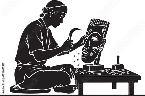 Silhouette of an artisan or craftsman diligently carving a traditional wooden mask or sculpture, showcasing cultural art and manual skill