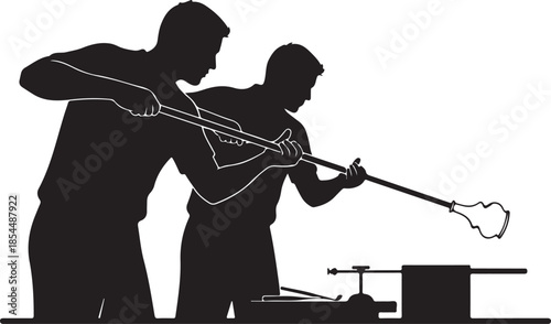  Silhouettes of skilled glassblowers crafting molten glass, showcasing traditional artisan work and the delicate art of glassmaking or glass working in a studio workshop
