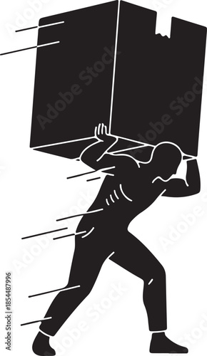 Silhouette of a person carrying a heavy box with speed lines, depicting urgent delivery, fast transport, or a significant burden and workload