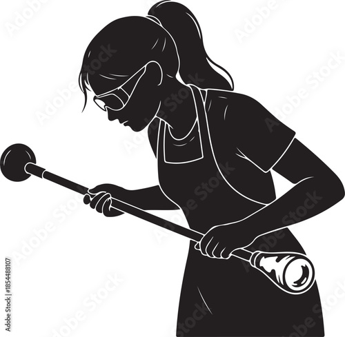 Silhouette of a Female Glassblower or Artisan Shaping Molten Glass with a Blowing Pipe, Highlighting Craft and Creativity.