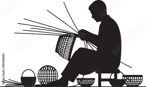 Silhouette of a man hand weaving a traditional basket, depicting craftsmanship, artisan skill, and handmade folk art.