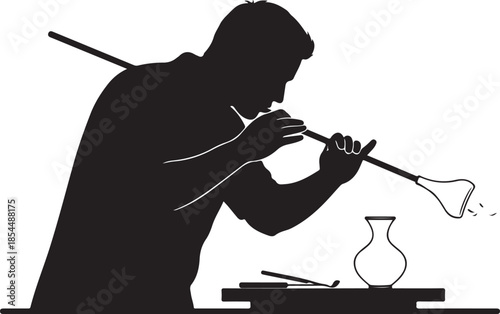 Silhouette illustration of a glassblower crafting a vase, showcasing the artisanal skill and creative process of traditional glass blowing.
