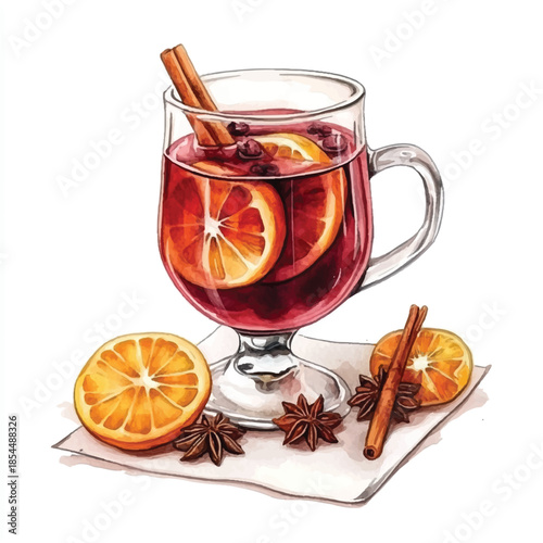 Warm Mulled Wine with Orange Slices and Spices.