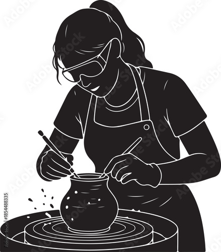 Potter Shaping Clay on a Wheel, Creative Ceramic Art Studio Illustration of an Artisan Crafting Handmade Pottery or Sculpture.