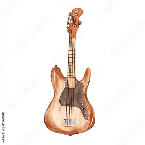 Watercolor Bass Guitar Illustration on White Background 1.