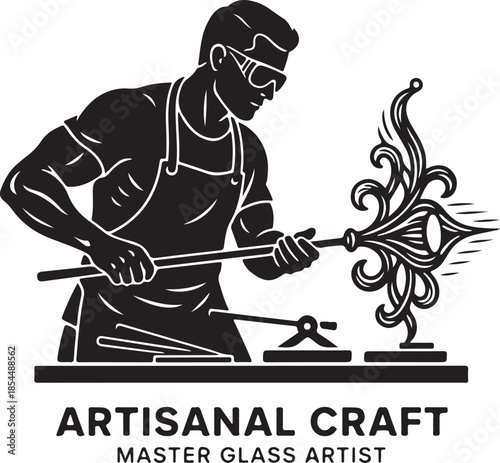 Master Glass Artist Creating Artisanal Glass Art Glassblower at Work, Crafting Intricate Designs and Ornament
