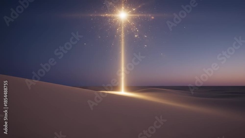 Bright star-like light beam illuminating vast desert dunes under a twilight sky for a spiritual guidance concept and mystical journey