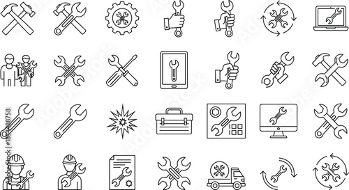 PrintBlack and white maintenance icon set, wrench, hammer, gear, technician, repair service, technical support, construction tools, mechanical hardware, engineering symbols.