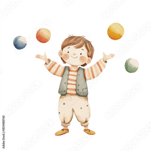 Watercolor Boy Juggling Colorful Balls with Joyful Expression.