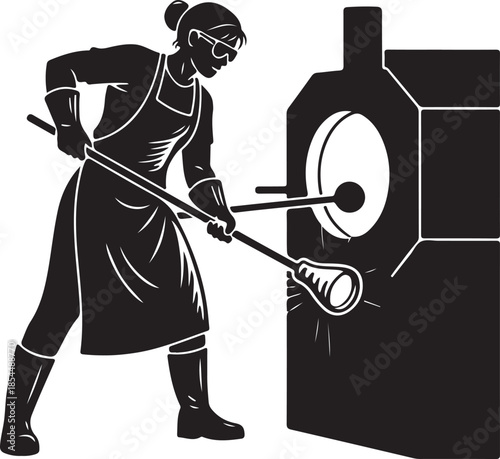 Glassblower or glass artist shaping molten glass with a blowpipe in front of a hot furnace, a creative artisan at work crafting handmade glass objects.