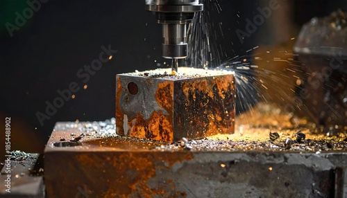 Close-up of CNC machine milling a rusty metal block, sparks flying