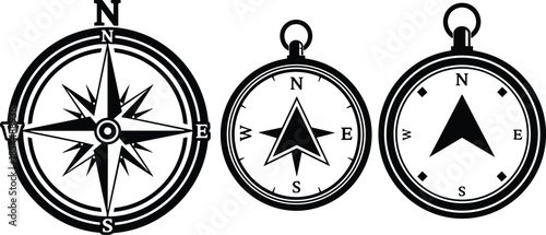 PrintBlack and white nautical compass vector icons set, vintage wind rose navigation symbols, arrow direction signs for travel, maps, and adventure.