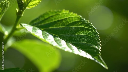 Vibrant green leaf backlit by morning sunlight, showcasing intricate veins and fresh texture for a nature and growth concept of environmental sustainability