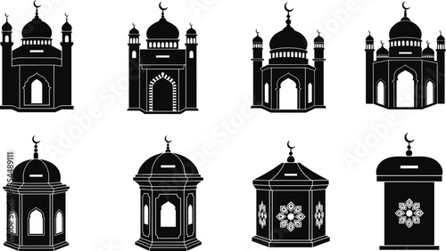 Islamic architecture and donation box silhouettes featuring mosque domes, minarets, and crescent moons for religious charity vector content.