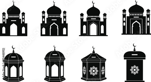 Set of Islamic mosque and donation box vector icons featuring crescent moon, silhouette style, religious architecture, and charity symbols.